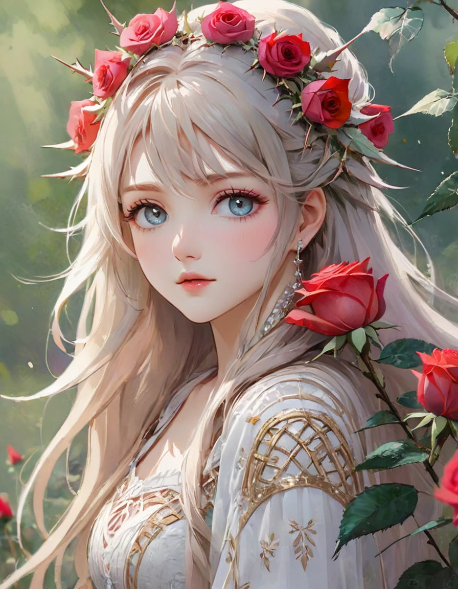 {({(rose themed:1.5)} beautiful girl, long hair, light colored eyes, delicate, calm demeanor, {beautifuly dressed with intricate thorn details}, ({watercolored styled} impressionist masterpiece:1.5), (best quality:1.5), ((UHD:1.5)), (detailed face, detailed eyes, detailed mouth, detailed body, detailed hands, detailed clothes, detailed background, detailed scenery:1.5), (aesthetic + beautiful + harmonic:1.5), ({symmetrical intricate thorns details + sharpen symmetrical thorns details}:1.5)