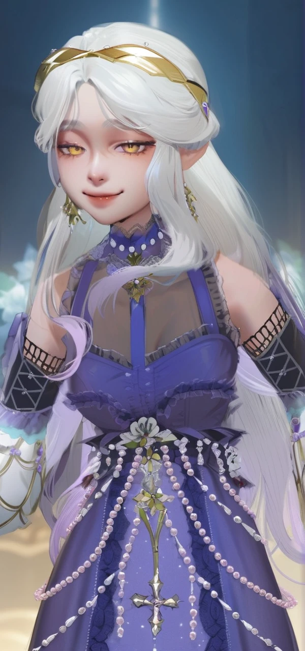 sexy-style, masterpiece, newest, floral background, romance manhwa, 1girl, purple hair, solo, long hair, flower, dress, tiara, gloves, long sleeves, choker, yellow eyes, white gloves, black bow, black flower, wavy hair, bow, jewelry, looking at viewer, white background, collarbone, puffy sleeves, silver accessories, upper body, parted bangs, very long hair, (dress), frills, bangs, closed mouth, smile, cowboy shot, (dynamic pose), dynamic angle, dynamic cut
