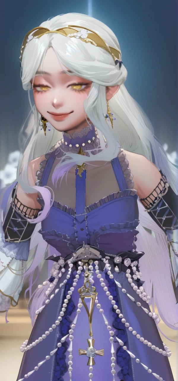 sexy-style, masterpiece, newest, floral background, romance manhwa, 1girl, purple hair, solo, long hair, flower, dress, tiara, gloves, long sleeves, choker, yellow eyes, white gloves, black bow, black flower, wavy hair, bow, jewelry, looking at viewer, white background, collarbone, puffy sleeves, silver accessories, upper body, parted bangs, very long hair, (dress), frills, bangs, closed mouth, smile, cowboy shot, (dynamic pose), dynamic angle, dynamic cut