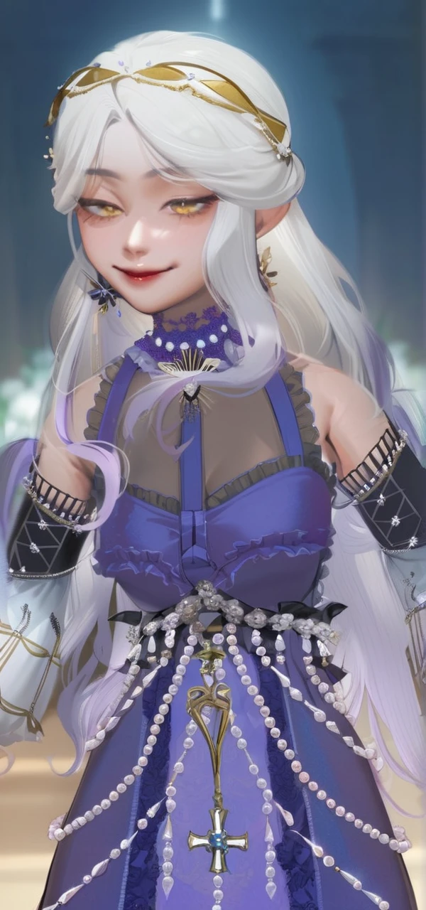 sexy-style, masterpiece, newest, floral background, romance manhwa, 1girl, purple hair, solo, long hair, flower, dress, tiara, gloves, long sleeves, choker, yellow eyes, white gloves, black bow, black flower, wavy hair, bow, jewelry, looking at viewer, white background, collarbone, puffy sleeves, silver accessories, upper body, parted bangs, very long hair, (dress), frills, bangs, closed mouth, smile, cowboy shot, (dynamic pose), dynamic angle, dynamic cut