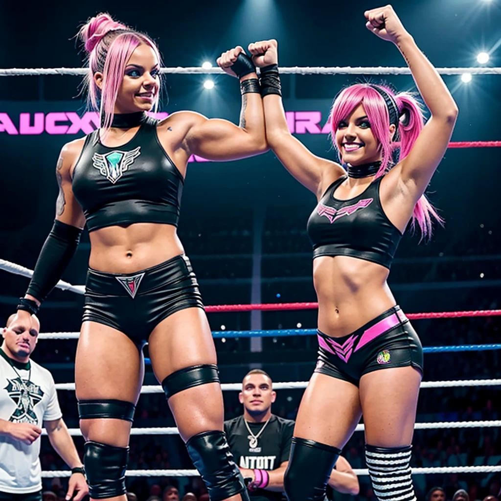 *A detailed digital art illustration of professional wrestler Liv Morgan and Dominik Mysterio posing together in a WWE ring.
Liv Morgan:
* Long bubblegum pink hair styled in messy buns with strands framing her face.
* Playful grin with bright blue eyeliner and bold pink lipstick.
* Black tank top with a graphic design and ripped black jeans with a leather jacket tied around her waist.
* Black combat boots with pink laces.
* Leaning against the turnbuckles with one hand on her hip and the other arm around Dominik Mysterio's shoulder in a friendly gesture.
Dominik Mysterio:
* Short black hair with a black and white striped bandana.
* Determined expression with a hint of a smirk.
* Black wrestling tights with green accents that match his father's Rey Mysterio's gear.
* Black knee pads and black wrestling boots.
* Holding a championship title (you can choose the specific title or leave it generic) in his other hand.
Background:
* The WWE ring ropes and turnbuckles with the WWE logo clearly visible in the background.
* Include a cheering crowd blurred in the background to add atmosphere.
Lighting:
* Use dramatic lighting with spotlights focused on Liv and Dominik.
Overall Tone:
* The image should capture a playful and friendly interaction between Liv Morgan and Dominik Mysterio, with a hint of backstage camaraderie.