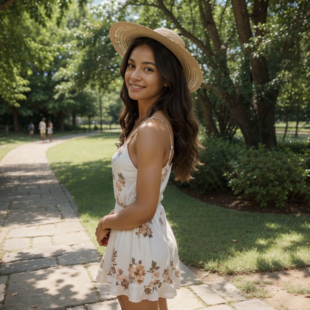 Gender: Female
Age: Around 22 years old
Ethnicity: Mixed (European and African descent)
Height: 5'7" (170 cm)
Physique: Medium build, athletic silhouette
Hair: Long, curly, dark brown color
Eyes: Large, hazel color
Face: Oval-shaped with high cheekbones
Expression: Smiling with a confident look
Clothing: Summer casual, wearing a floral sundress with sandals and a wide-brimmed hat
Accessories: Sunglasses and a simple bracelet
Setting: Standing in a picturesque park with blooming flowers and a serene lake
Background: Families having picnics, children playing, and a clear blue sky, creating a peaceful and joyful atmosphere
Lighting: Natural daylight, with soft sunlight filtering through the trees, creating a warm and inviting effect
Ensure that the details of the face, clothing, and the tranquil park environment with other people are well-defined for a realistic rendering."