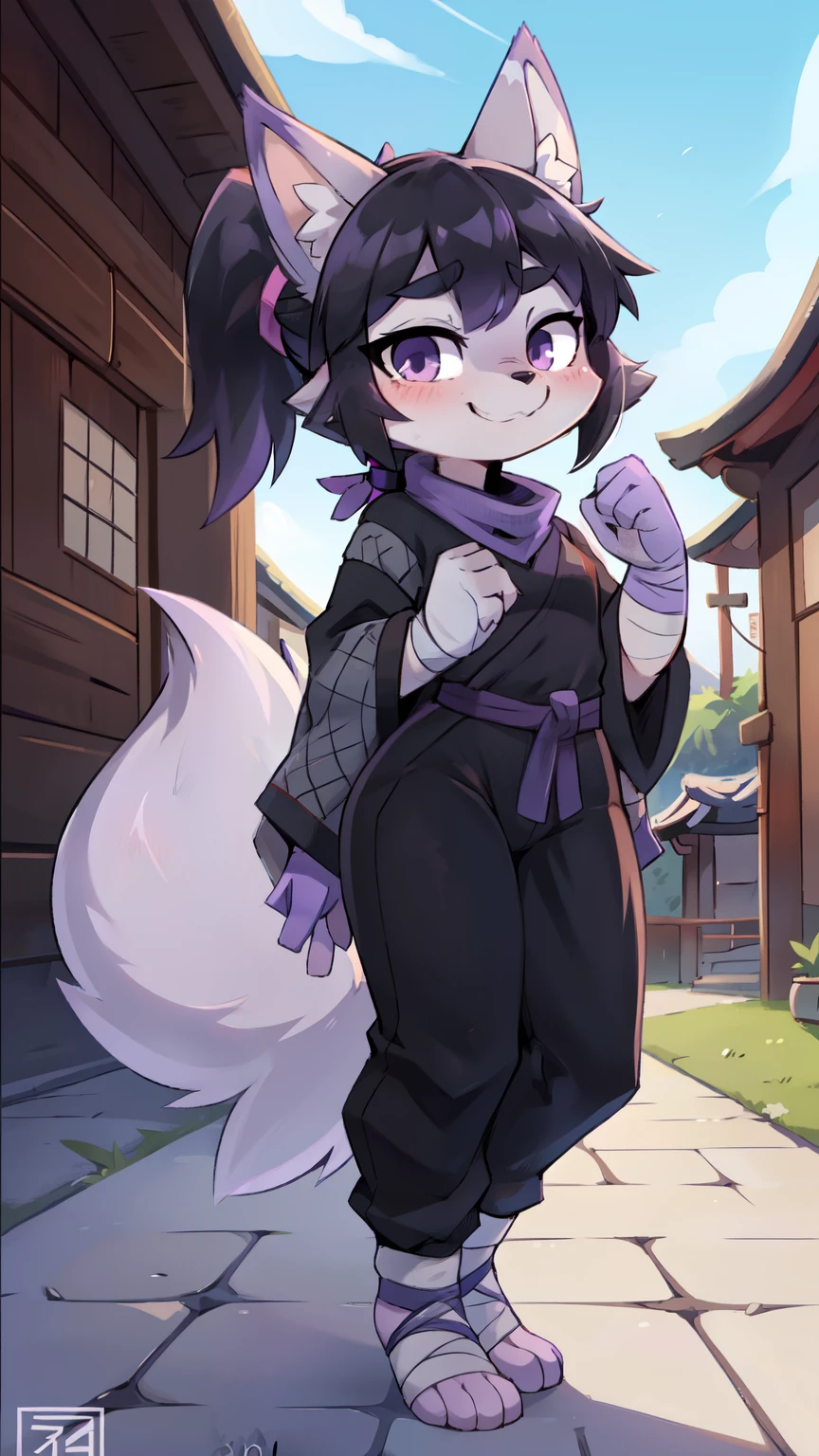 score_9,score_8_up,score_7_up, source_cartoon, source_furry, wolf girl, wolf tail, black hair, hair over one eye, high long ponytail, spike side hair, furry, blush, lilac eyes, looking at viewer, makeup, lilac eyeshadows, smile, 1girl, wolf ears, furry female, two tone body fur, gray body fur, white body fur, ((shinobi clothes, lilac ribbon on ponytail, violet scarf, black shinobi kimono shirt, fishnet under, black shinobi pants, bandages gloves, bandages socks)), japanese town, clear sky, blush, looking at viewer, solo, anthro, cheek tuft, facial tuft, full body, feets with three toes, 3 toes, kunoichi,