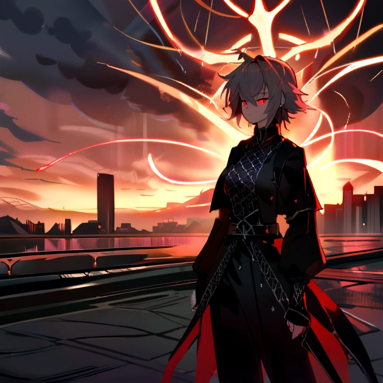 1 Japanese girl, karo, intricate pattern, heavy metal, energy lines, with no face, glare eyes, chic, concentrated, blood red and black uniform, standing alone, moderno, citys, streets, dark clouds, thunderstorm, chuva pesada,, dramatic lighting,, (work of art:1.2), best qualityer, high resolution, Beautiful detailed, extremely detaild, perfect lighting,
