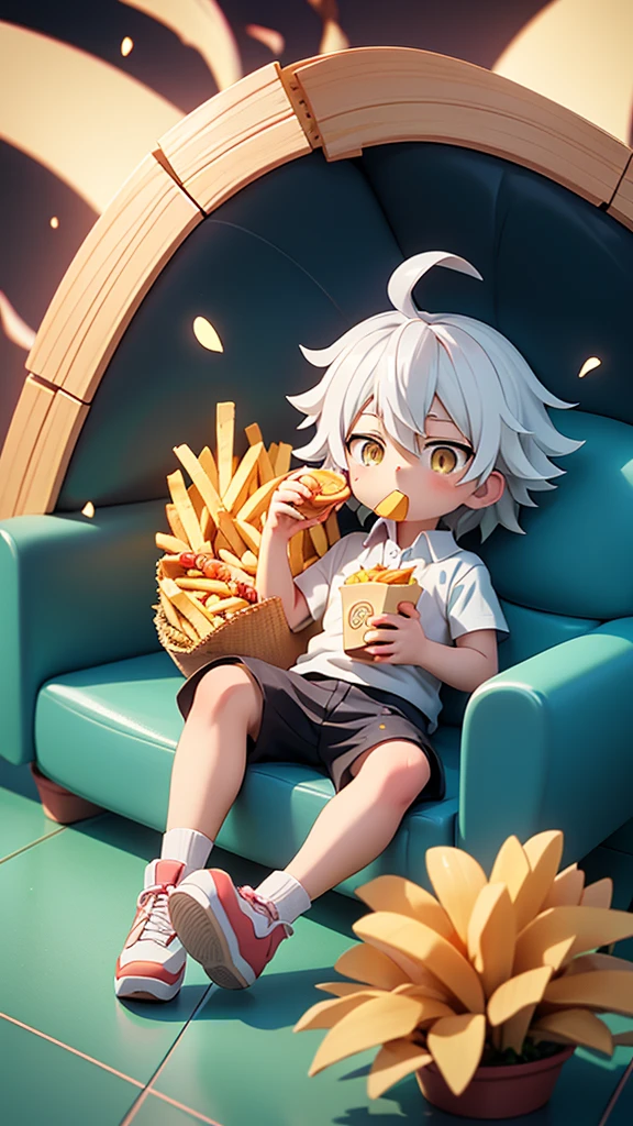 anime boy eating a box of fries while sitting on a couch, with index finger, kaworu nagisa, anime food, relaxed dwarf with white hair, 🍁 cute, cute anime, official art, with fries, ❤🔥🍄🌪, eating chips and watching tv, nagito komaeda, pin on anime, anime boy, 8k!