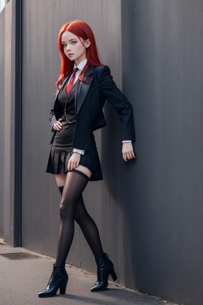 1 girl with blue eyes red hair long straight black mini short skirt dress suit jacket tie black tights heeled boots