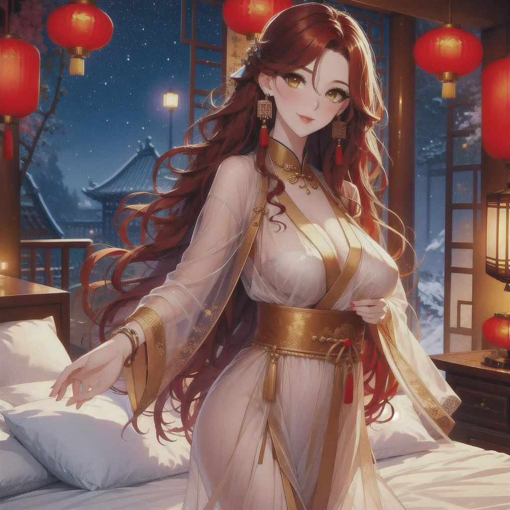 (masterpiece, best quality: 1.2), 1 female, Xian mei, individual golden eyes, long red curly hair, jewelry, perfect anatomy, traditional Chinese room, nude, nudity, sexy, hot, night, starry sky, night beautiful sky, bright stars,