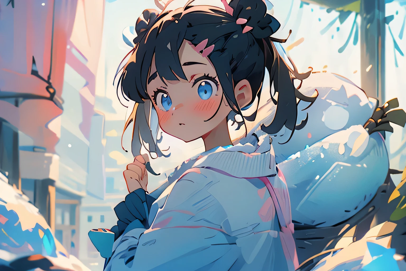 (masterpiece), (best quality), ultra high res, sharp focus, warm pastel tone, ((1 girl, solo)), upper body, side profile shot beautiful detailed hair, ((black hair)), (pink ribowns on the hair), beautiful detailed face, ((beautiful shape eyes, blue eyes)), perfect feminine face, head up, looks up, surprise face, open lips, (winter outfit, (pink dress), (marnie pokemon), (ponytails), (assymmetrical bangs), (winter), (snow), (blush)