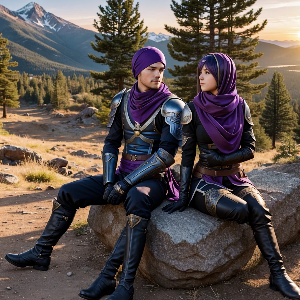 1girl, 1boy, (best quality, beruka, gauntlets), armor, purple scarf, black gloves, pants, boots, bandana on the head, sitting, in front, trees, mountain, beautiful scenery in the background, soft sunset, subtle reflections on the ground.