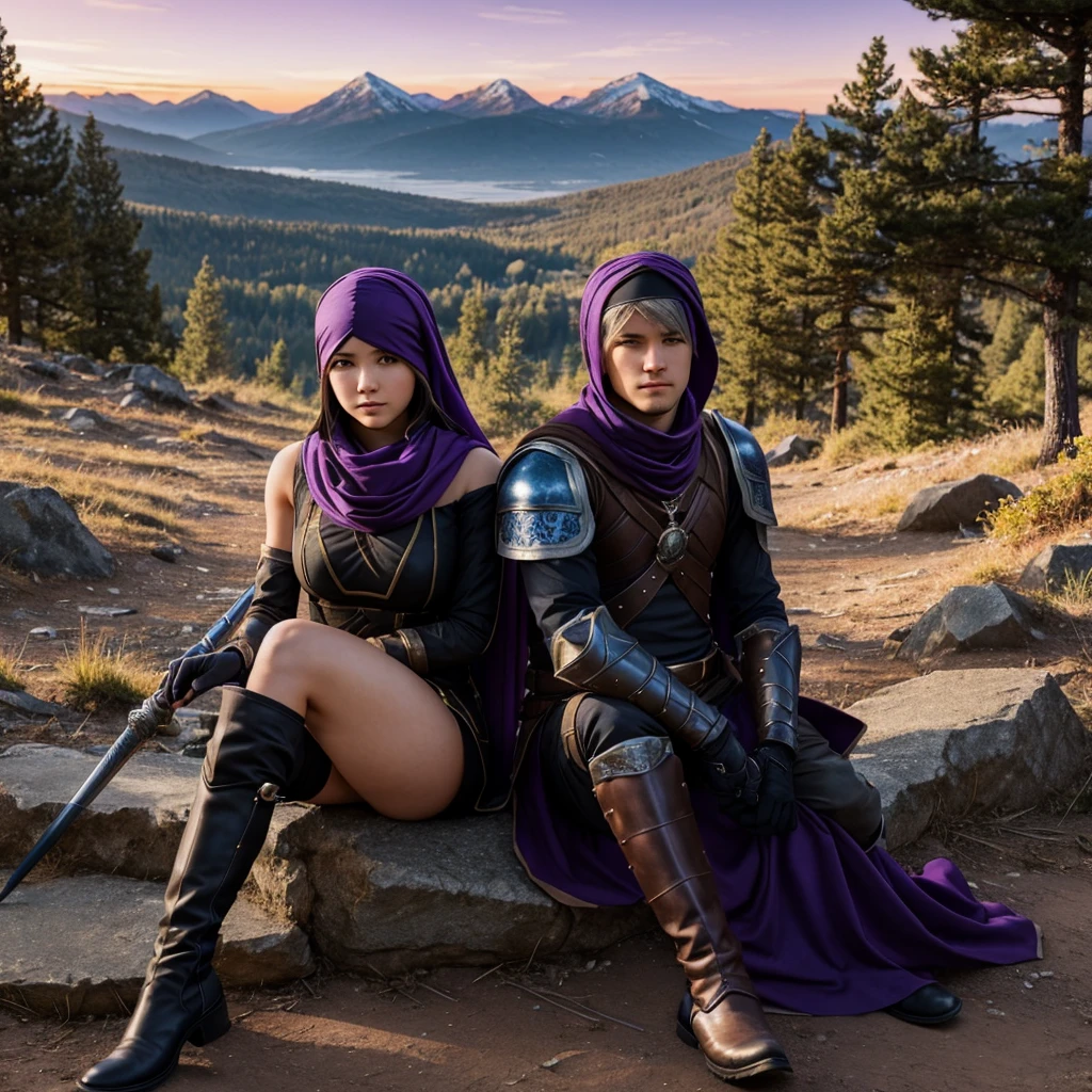 1girl, 1boy, (best quality, beruka, gauntlets), armor, purple scarf, black gloves, pants, boots, bandana on the head, sitting, in front, trees, mountain, beautiful scenery in the background, soft sunset, subtle reflections on the ground.