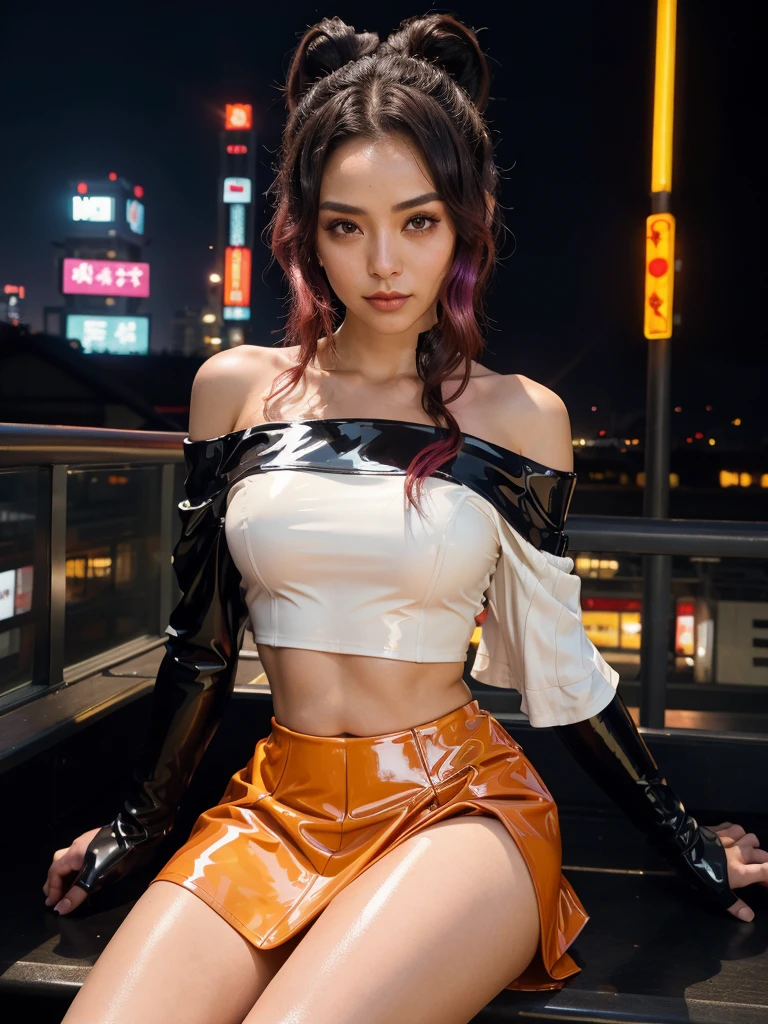 Full body photo shinobu kocho from demon slayer anime, beautiful woman, semi-open strawberry lip, dimples, sedutice expression, (extra long wavy brown hair), pale skin, ((cyberpunk megacity environment at night)), (color fresco), camera pose, ((short black latex skirt)), tough boy style, ultra focused face, intimidating, smiling, short and messy hair, muscles (( oFF-shoulder crop top)),posing provocative, cameltoe, sitting with legs spread, longing gazing hungy sexy facial expression, arms behind head,