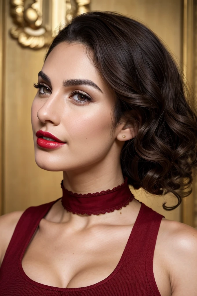 8k, highly detailed, very realistic, brunette, 28-year-old, curly black hair, brown eyes, roundish-almond eyes, natural eyebrows, bottom heavy red lips, red shirt, long foreteeth, speaking, perfect nose, perfect oval face, long chin, golden collar, cleavage