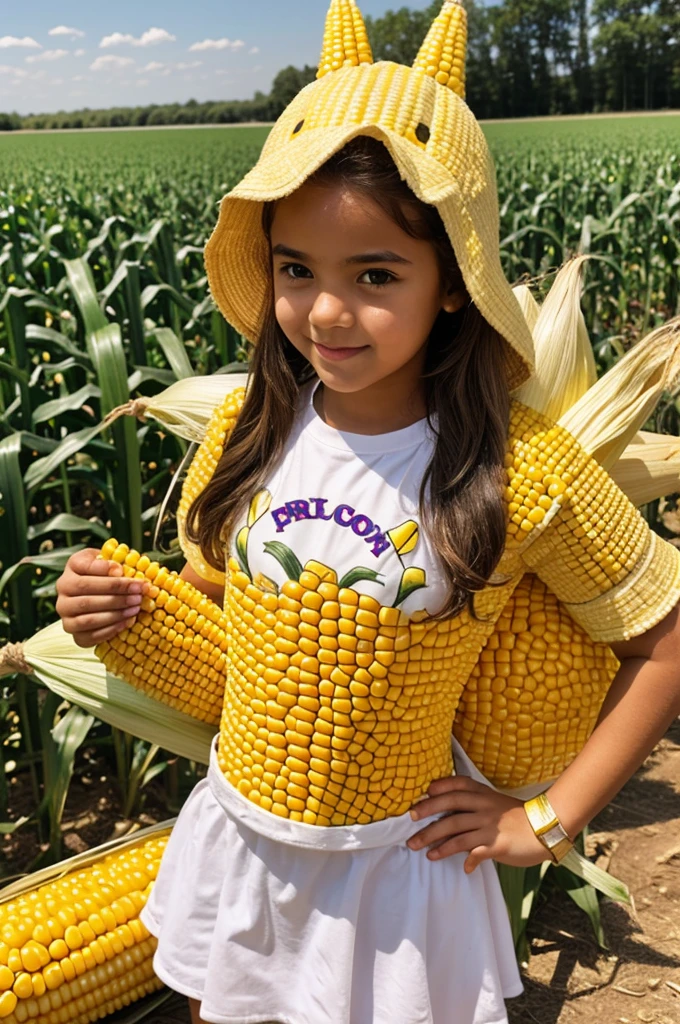 a girl who is dressed in a corn suit with a corn plate