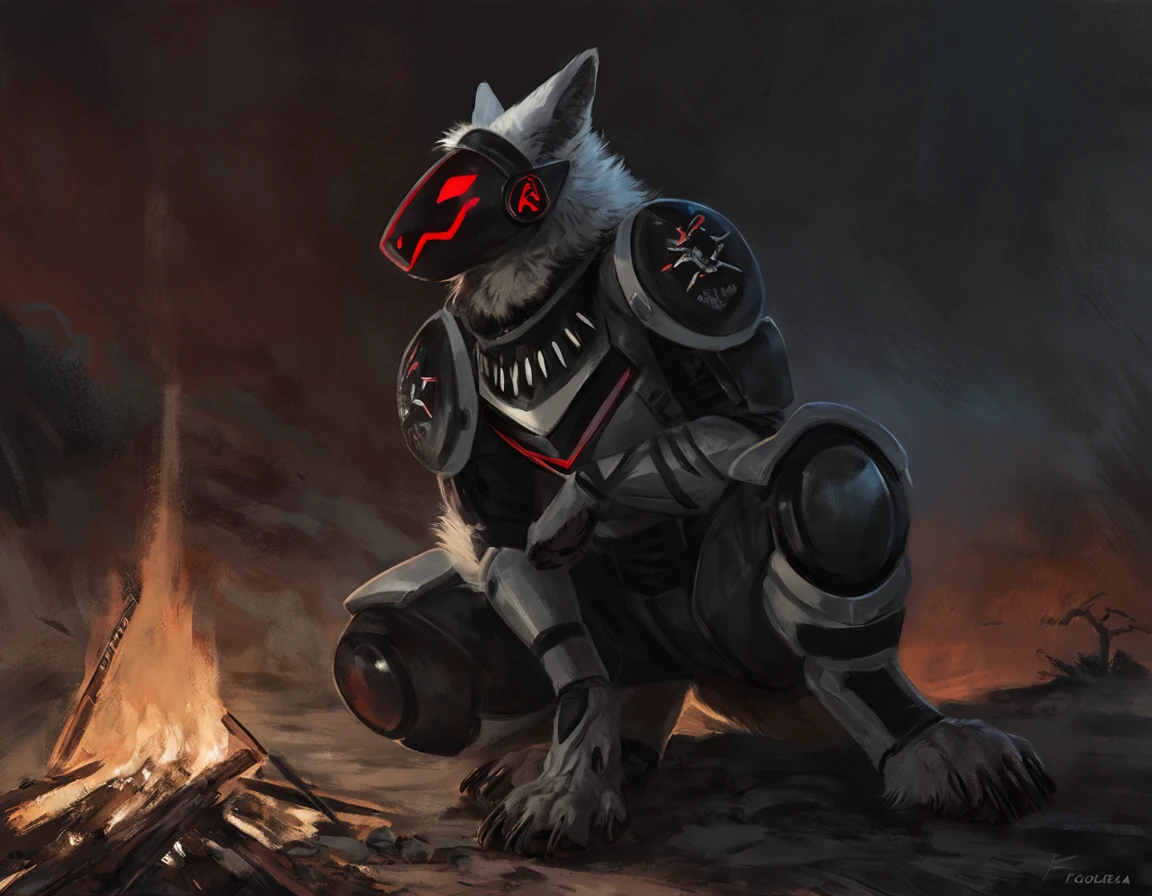 male, (pitch black protogen viso with red protogen face on it), (white protogen fur), protogen fighter, military destroyer unit, protogen, comic book style, illustration, solo, masterpiece, best art, full body, digitigrade, by oouna, by taran fiddler, wearing black fighter spacesuit , detailed hands, tall, detailed torso, dark and griddy, apocalyptic, sitting by a campfire, detailed paws, looking at viewer startled, head turned toward viewer, confused expression, silent hill kind of feeling, detailed protogen face expression,