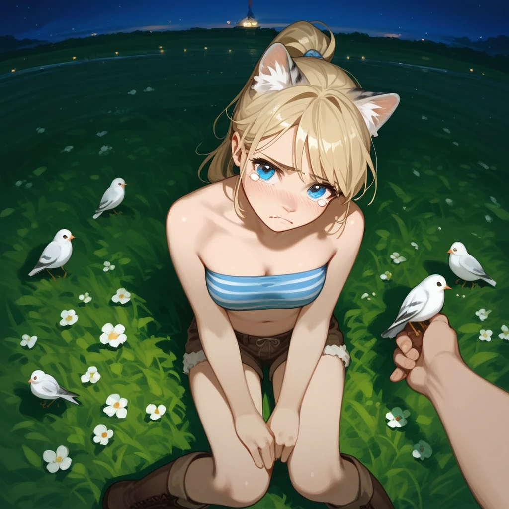 One, check_9,check_8_up,check_7_up, source_fluffy, Catboat, Anthro fluffy feline, Blue eyes, blonde hair, (Hair in a ponytail), pink nose, :3, white sideburns, silver fur with gray stripes, fluffy body, wear a blue bandeau, brown short shorts, Brown boots, on her knees, we are sitting, sobbing, sad expression, tearing up, on a grassy field, outdoors at night, POV, human viewer, Above, bird's-eye, POV viewer is holding her hand, hold the hand, gives a girl a rubber penis, girl looks at renovated dick, transparent dildo, excellent quality, high details, close-up, 4K