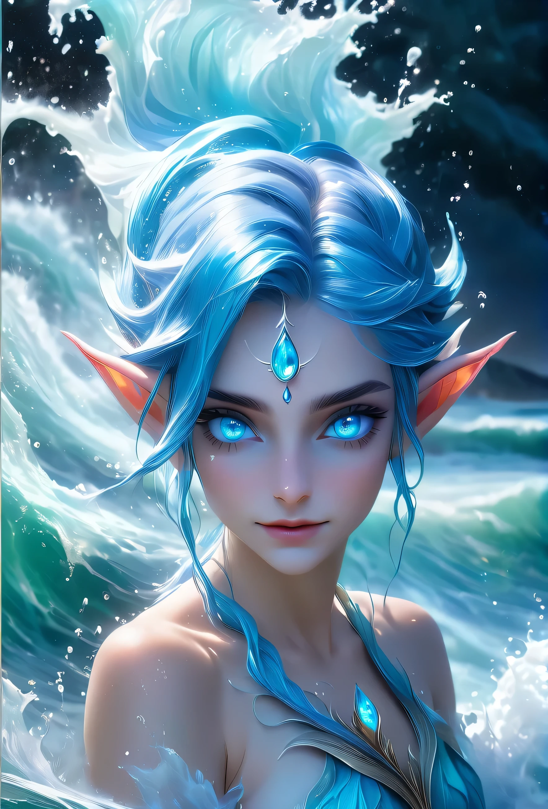 The extreme beautiful young water genasi of water, light blue skin, elf ears, colorful mystic light, water glow eyes, blue hair, UHD, by Aleksi Briclot and Alessio Albi and Emilia Rodriguez and Adela Weiss, blushing, innocent looking, standing in swirling waves of water,