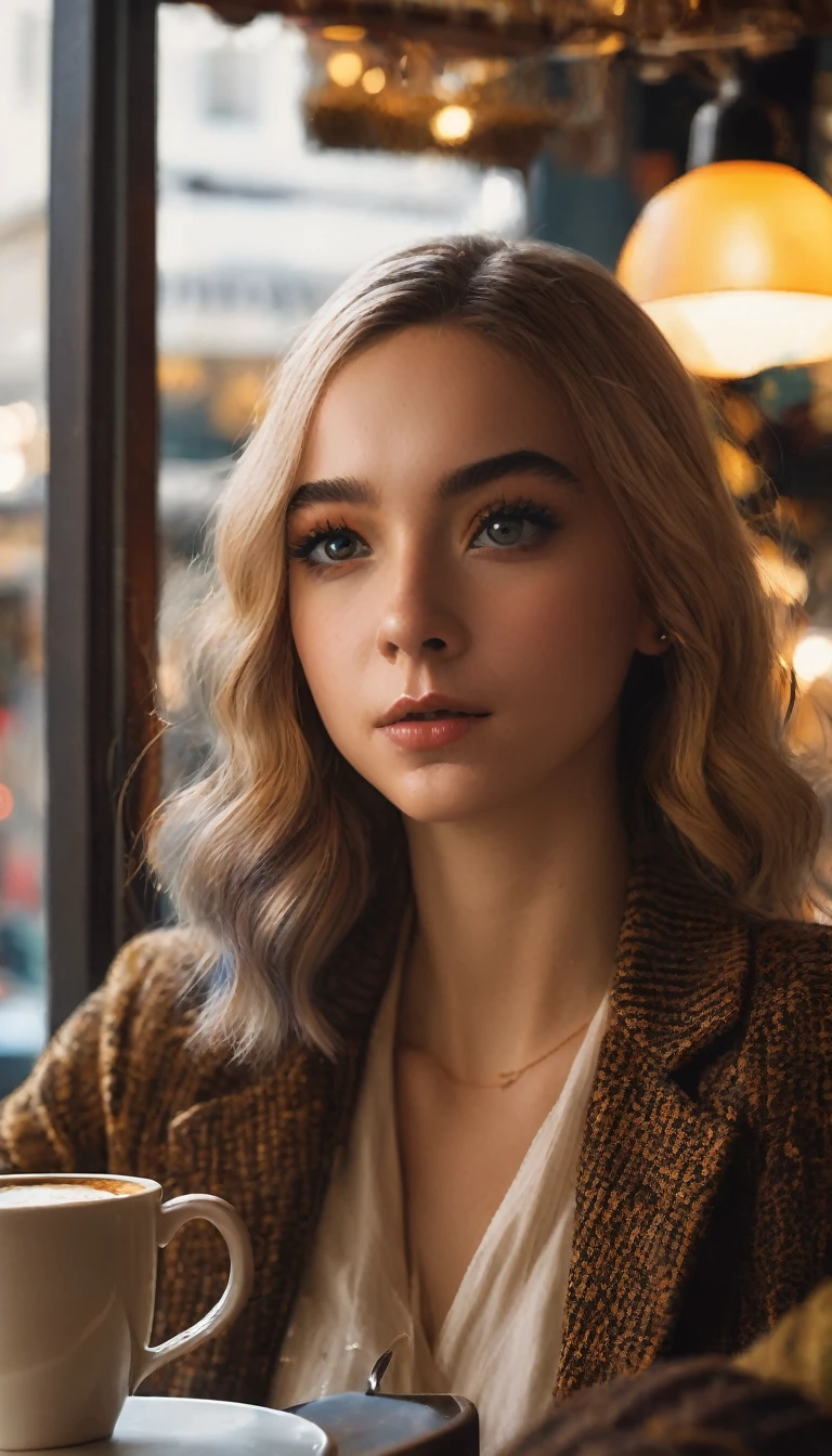 a girl in a cafe, emma myers, beautiful detailed eyes, beautiful detailed lips, extremely detailed eyes and face, long eyelashes, girl drinking coffee, warm lighting, cozy cafe interior, photorealistic, highly detailed, 8k, (best quality,4k,8k,highres,masterpiece:1.2),ultra-detailed,(realistic,photorealistic,photo-realistic:1.37),warm colors, natural lighting, intricate details, soft focus, cinematic, elegant, beautiful