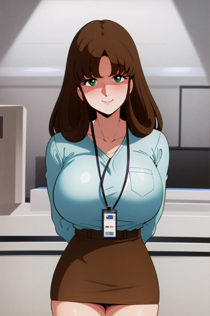 masterpiece,best quality,highres,Hayase Misa,brown long hair,green eyes,1girl,solo,1980s \(style\),retro artstyle,futoshi slim,smile,cowboy shot,looking at viewer,office, ,(masterpiece: 1.0), (best_quality: 1.0), (best quality:1.4),(shiny skin), body focus, (cute face), (((best quality))), illustration, ((Beautiful Finger)), , Beautiful body, Beautiful character design, ,perfect lighting, Colorful, Bright_Front_face_Lighting, ultra high res, highres, absurdres:1.2, bokeh:1.2, lens flare, (vibrant_color:1.2), (Beautiful, large breasts:1.2), (thick thighs:1.1), THICK, 
1lady standing, /(casual shirt/) (pencil skirt:1.1) /(id card lanyard/), (mature female) bangs, blush kind smile, (masterpiece best quality:1.2) delicate illustration ultra-detailed, large breast BREAK /(modern office indoors/), window skyscraper, look at viewer, sweet smile, black miniskirt