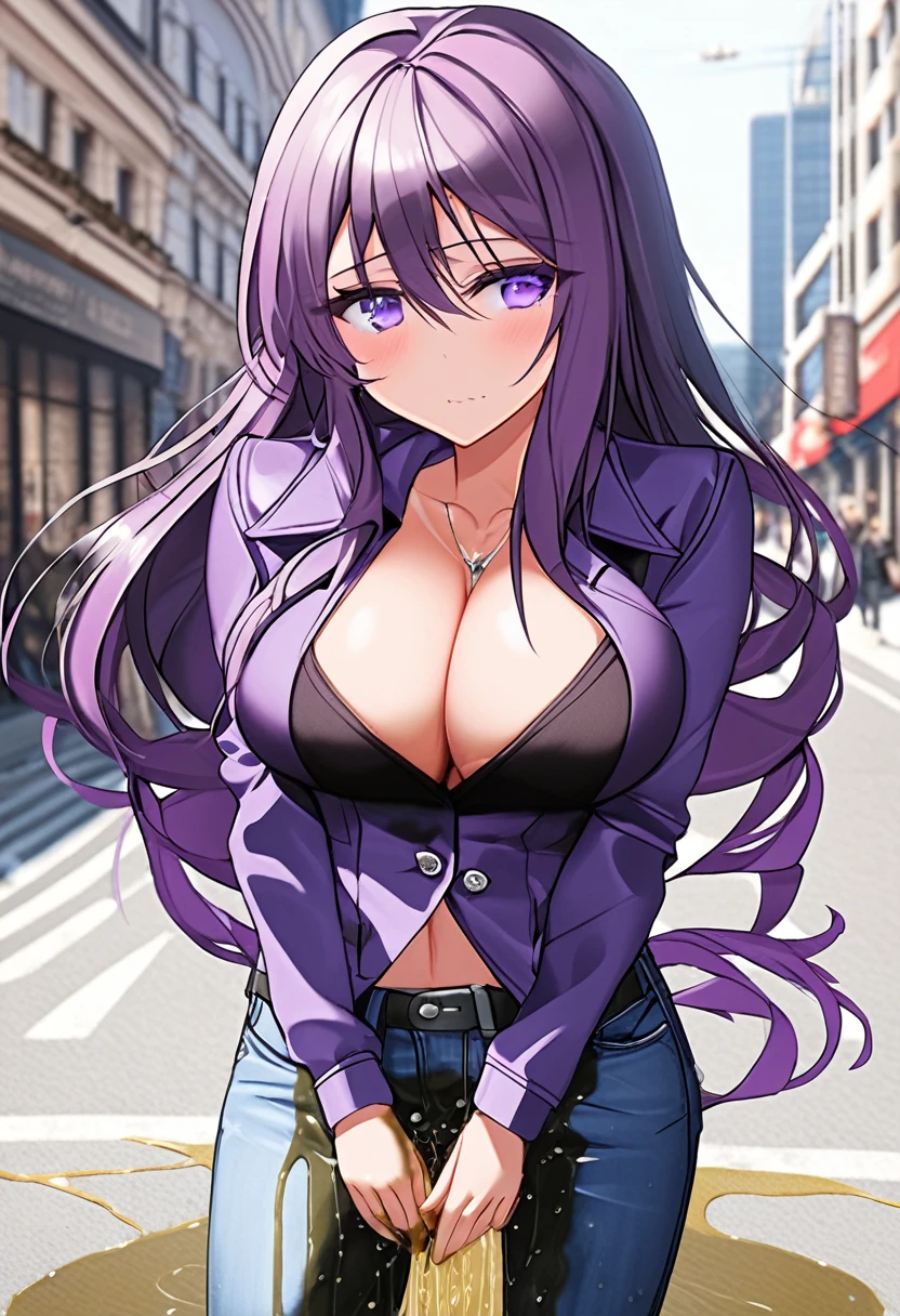 (masterpiece:1.37), best quality, (extremely detailed:1.37), woman, (very long hair:1.5), dark purple hair, purple eyes, (extremely detailed eyes:1.37), (wetting self:1.75), large breasts, stylish jacket, multicolored jackt, jeans, cleavage, navel, city, high-tech, street