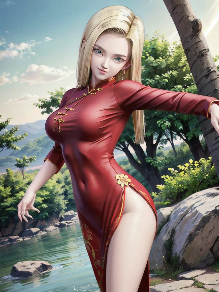 android 18, blonde long hair, (((Long Straight Hair))), blue eyes, ((Slit Red cheongsam)), (Red sexy cheongsam), slit (((Red))), (Big Breasts), looking at the audience,face smile, close-up, portrait, river, rock, tree, blue sky, high quality, masterpiece, sexy body, 8K resolution, detailed faces, detailed finger