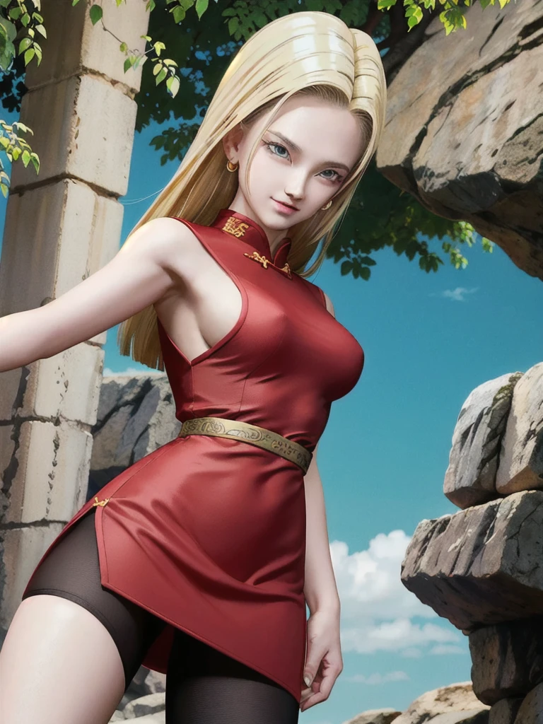 android 18, blonde long hair, (((Long Straight Hair))), blue eyes, ((Slit Red cheongsam)), (Red sexy cheongsam), slit (((Red))), (Big Breasts), looking at the audience,face smile, close-up, portrait, river, rock, tree, blue sky, high quality, masterpiece, sexy body, 8K resolution, detailed faces, detailed finger
