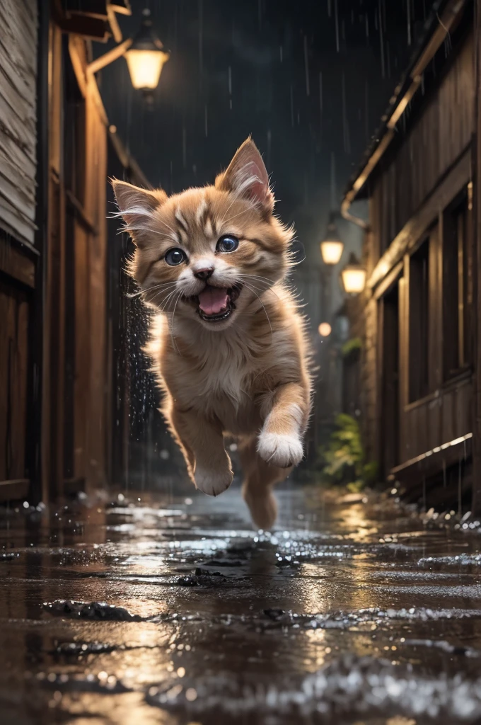 Draw an intense scene of a small kitten in distress, desperately running away from a large dog. The setting is a cobblestone street under a heavy rainstorm, with puddles forming on the ground. The kitten is covered in mud, its fur wet and disheveled, and its eyes wide with pure terror. The large, fierce dog is baring its teeth and determined in its chase. Heavy raindrops fall, blurring the vision and heightening the drama of the scene. In the background, old houses with soaked roofs and a few yellow lights in the windows complete the tense and chaotic atmosphere