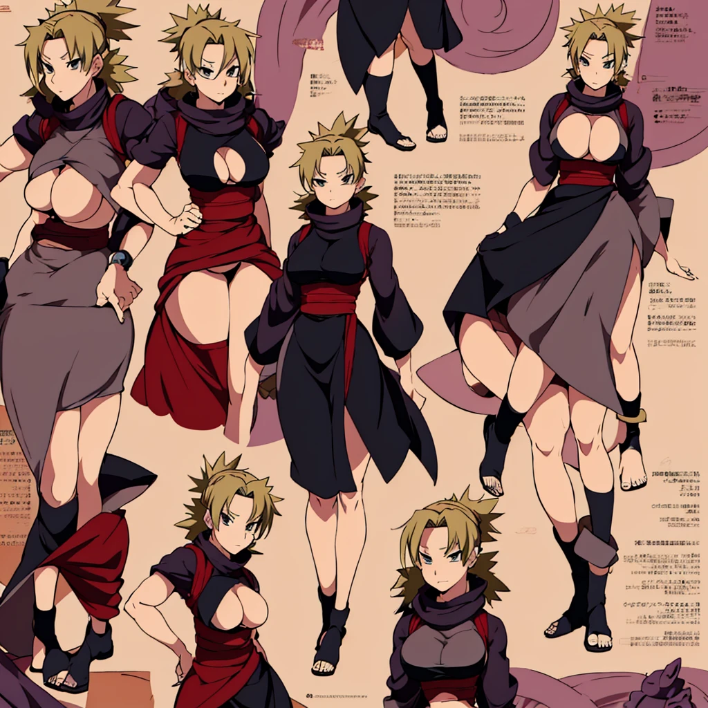 temari, ((masterpiece)),(((best quality))),(character design sheet, same character, front, side, back),huge breast,big ass,
