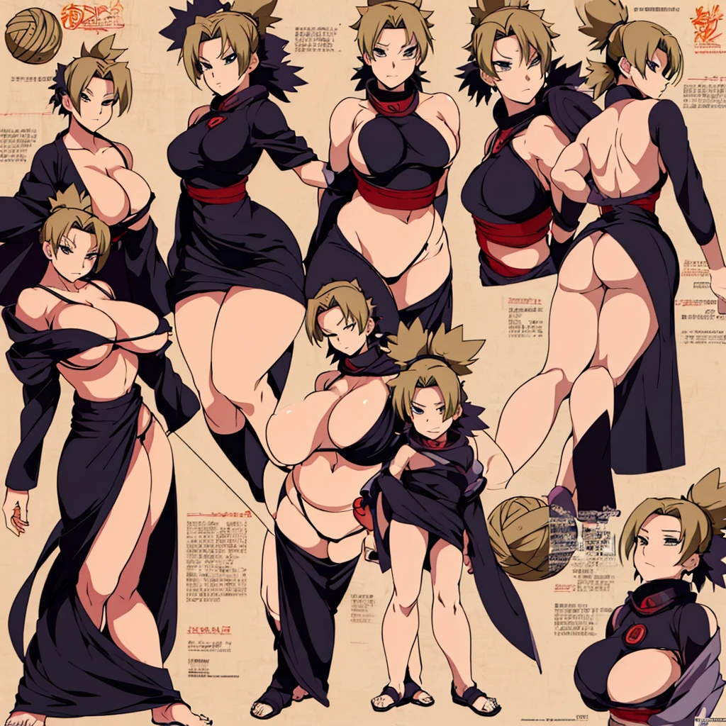 temari, ((masterpiece)),(((best quality))),(character design sheet, same character, front, side, back),huge breast,big ass,