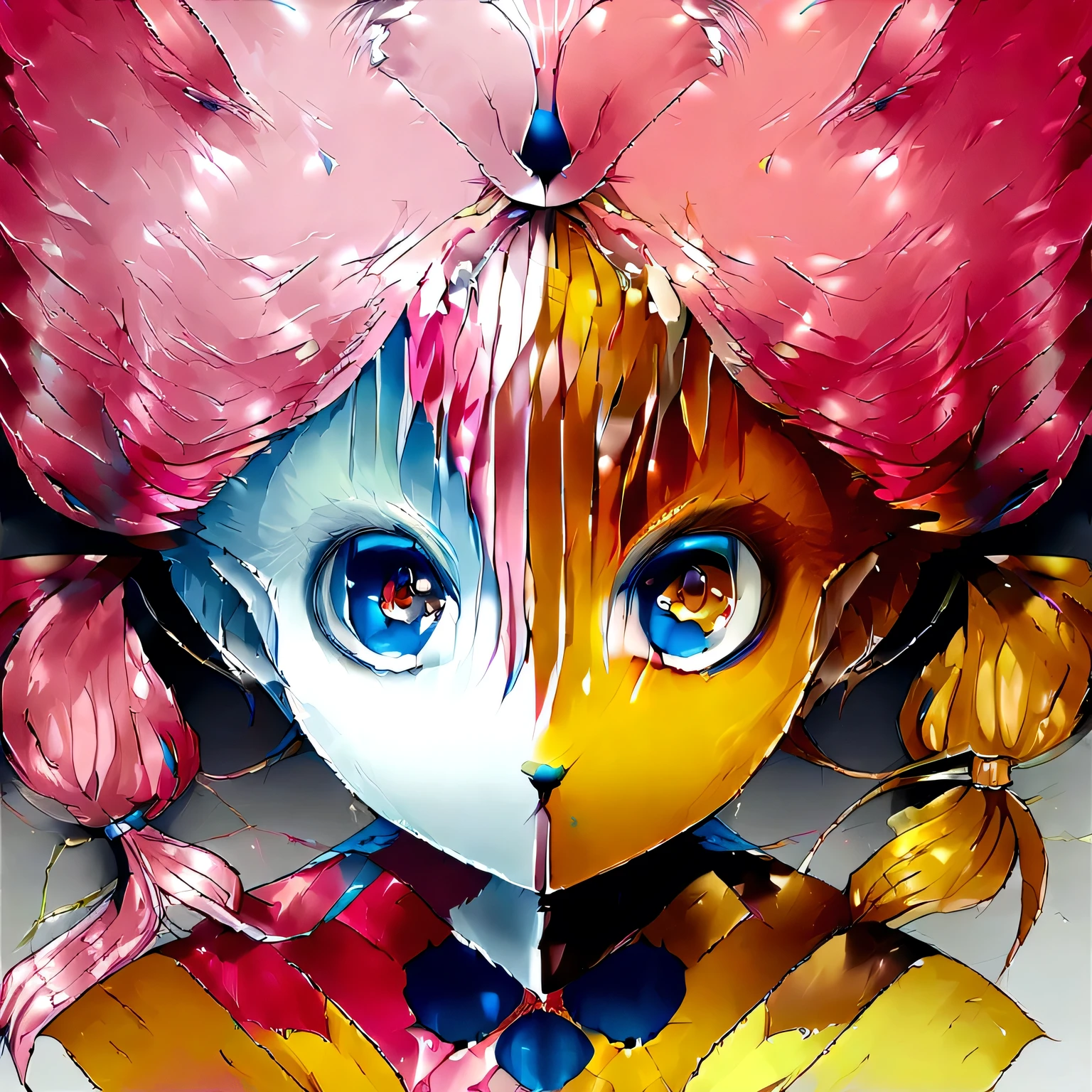 ((high qualiy)) (アニメ) a fox, pink hair, about , long tied hair, yellow dress, a spot in the eye, one blue eye and one white, she has white skin, two color hair, red and dark yellow.