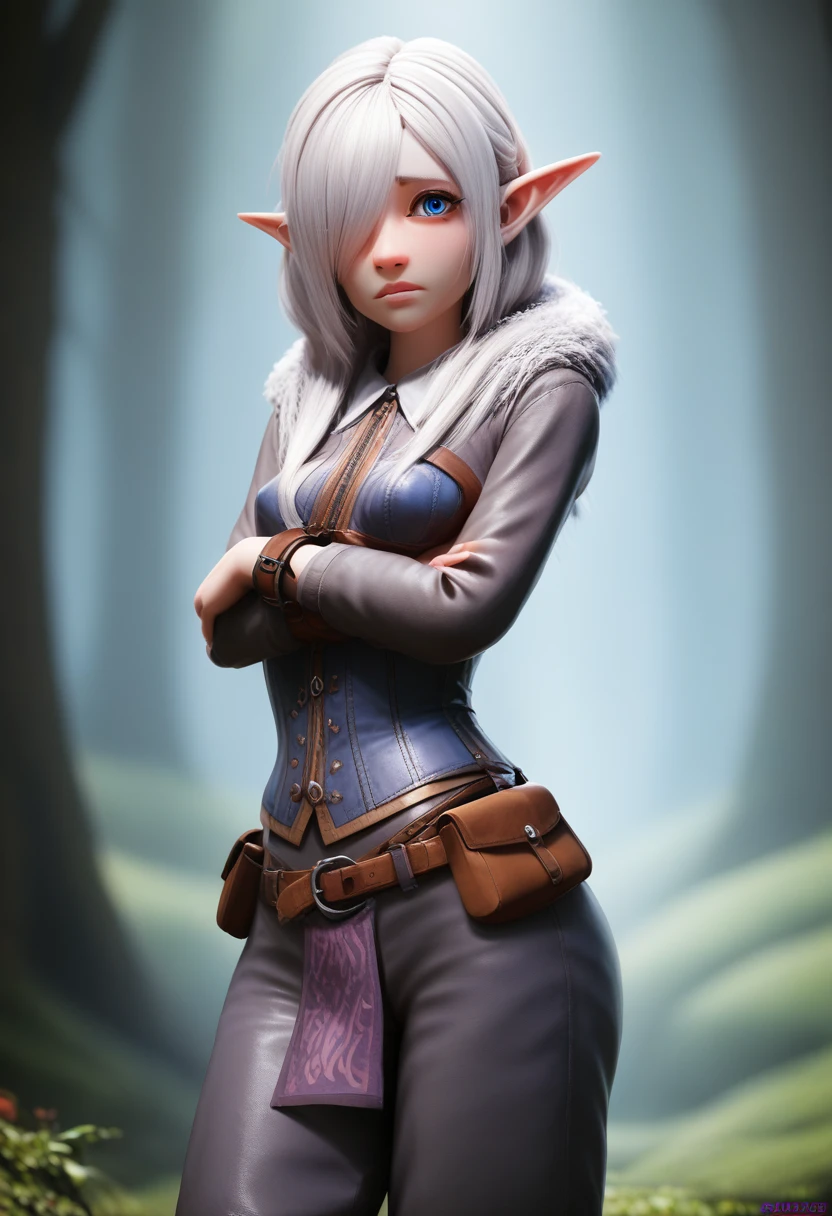 ((Best Quality)), (Masterpiece)), (Details: 1.4), Absurd Resolution, High Resolution, (Masterpiece: 1.4), Ultra Detailed, detailed gnome girl with pale skin, short stature, and very long silver hair that curls at the ends, covering one eye, with small breasts, pouty lips, and bright blue anime-style eyes with long lashes, wearing a corset, white puffy long sleeved shirt, and puffy cloth pants, leather bound boots, set in a windy fantasy landscape, (best quality,4k,8k,highres,masterpiece:1.2),ultra-detailed, dungeons and dragons, long elf ears, small girl, detailed skin and cloth textures, cute detailed face, intricate details, extremely detailed, 1girl, dynamic pose with hair covering one eye, shy personality, puffy cloth pants with leather belt, detailed privateer outfit, detailed buccaneer outfit, pouch on belt, wearing leather armor with fur trim, silver inlay