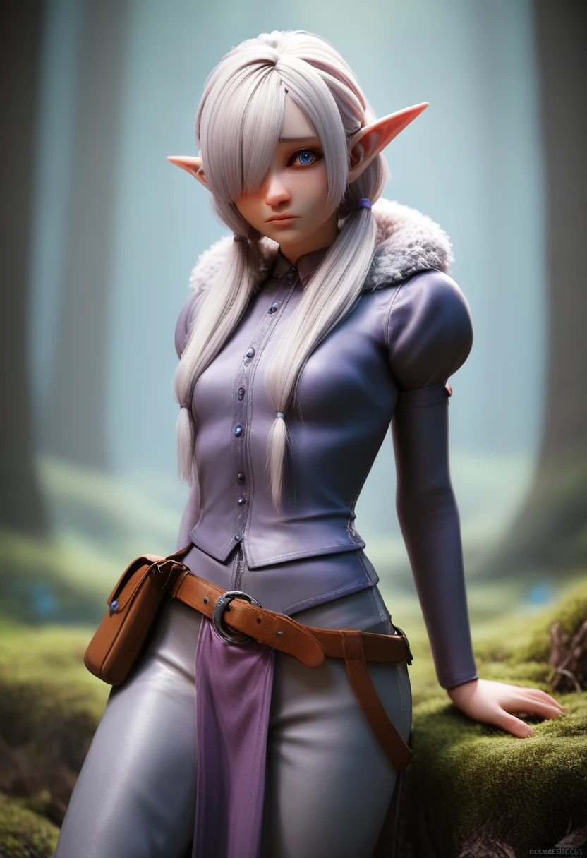 ((Best Quality)), (Masterpiece)), (Details: 1.4), Absurd Resolution, High Resolution, (Masterpiece: 1.4), Ultra Detailed, detailed gnome girl with pale skin, short stature, and very long silver hair that curls at the ends, covering one eye, with small breasts, pouty lips, and bright blue anime-style eyes with long lashes, wearing a corset, white puffy long sleeved shirt, and puffy cloth pants, leather bound boots, set in a windy fantasy landscape, (best quality,4k,8k,highres,masterpiece:1.2),ultra-detailed, dungeons and dragons, long elf ears, small girl, detailed skin and cloth textures, cute detailed face, intricate details, extremely detailed, 1girl, dynamic pose with hair covering one eye, shy personality, puffy cloth pants with leather belt, detailed privateer outfit, detailed buccaneer outfit, pouch on belt, wearing leather armor with fur trim, silver inlay