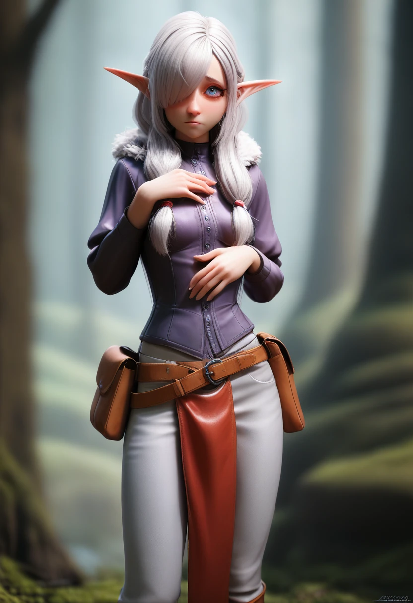 ((Best Quality)), (Masterpiece)), (Details: 1.4), Absurd Resolution, High Resolution, (Masterpiece: 1.4), Ultra Detailed, detailed gnome girl with pale skin, short stature, and very long silver hair that curls at the ends, covering one eye, with small breasts, pouty lips, and bright blue anime-style eyes with long lashes, wearing a corset, white puffy long sleeved shirt, and puffy cloth pants, leather bound boots, set in a windy fantasy landscape, (best quality,4k,8k,highres,masterpiece:1.2),ultra-detailed, dungeons and dragons, long elf ears, small girl, detailed skin and cloth textures, cute detailed face, intricate details, extremely detailed, 1girl, dynamic pose with hair covering one eye, shy personality, puffy cloth pants with leather belt, detailed privateer outfit, detailed buccaneer outfit, pouch on belt, wearing leather armor with fur trim, silver inlay