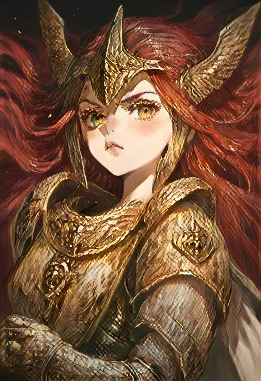 Girl, red hair, golden armor,