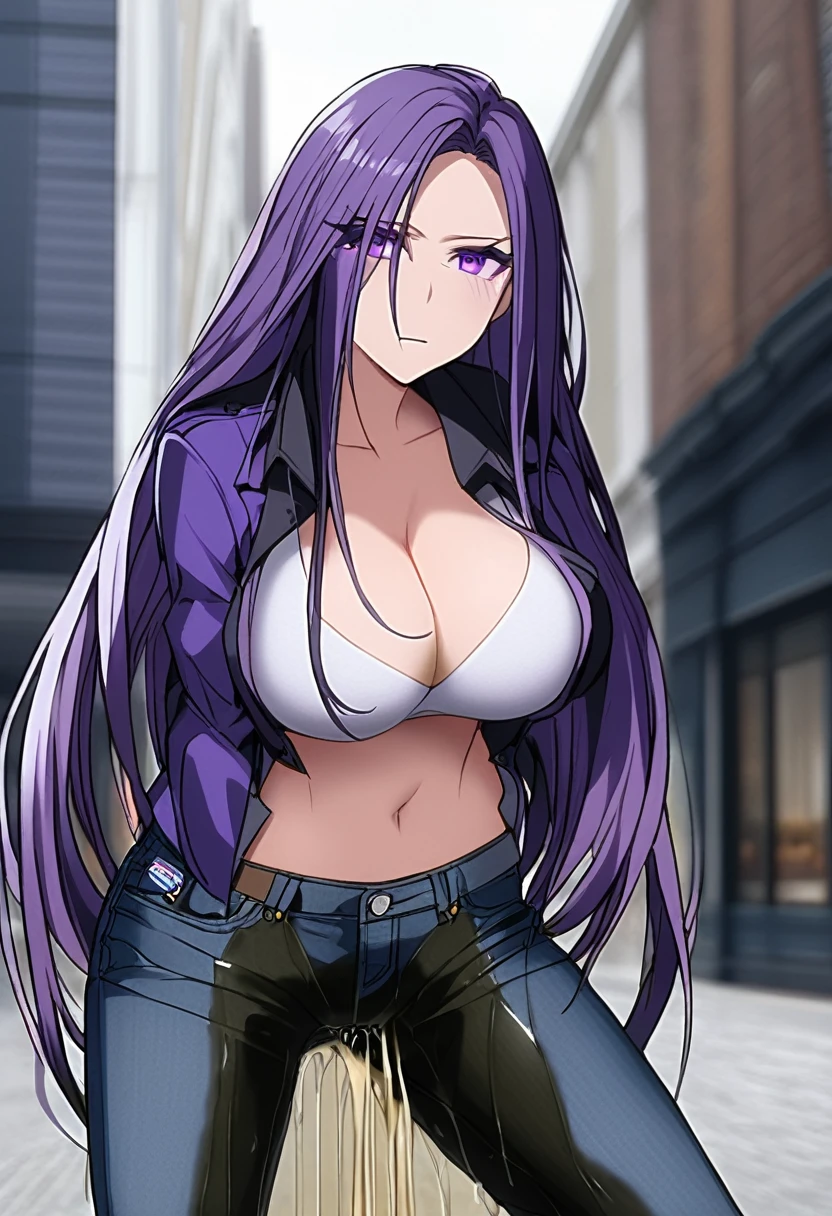 (masterpiece:1.37), best quality, (extremely detailed:1.37), woman, (very long hair:1.5), dark purple hair, purple eyes, (extremely detailed eyes:1.37), (wetting self:1.75), large breasts, stylish jacket, multicolored jackt, jeans, cleavage, navel, city, high-tech, street