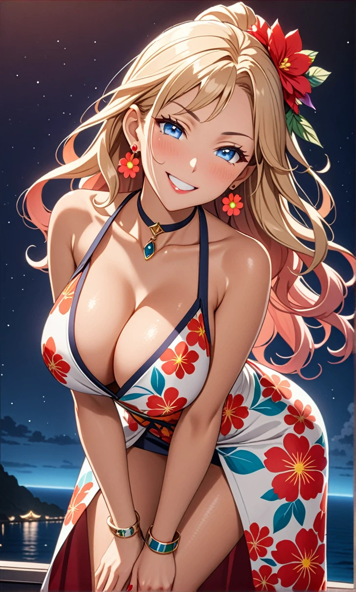 ultra-detailed, ((one girl)), (tan skin improved:1.3),(tanlines:1.3), sweat skin, hyper detailed, absurdres, 8K, Beautiful Face, (Laugh shyly), ((teasing smile:1.8)),((Wink:1.8)), (Laugh with your mouth wide open),((Tilt your head:1.6)), View your viewers, ((Bright red cheeks:1.6)),Glossy Red Lips, ((Big Breasts:1.5)), ((show off breast:1.4)), (erect nipples), ((Fold your arms under your chest:1.3)), night, An observation deck overlooking the sea, (Brighten your face), ((Anime style background)),masterpiece, Highest quality, so beautiful,Latest, Complex details, (Pink long nails), (nail art), (ring),(bracelet), (Floral Choker),AI-generated, Complex,High resolution, Highest quality, super high quality,3D Images、3D Images,One person,Branded long hair,(High Ponytail), (wavy hair:1.3), Anime woman posing for a photo, ((Fine grain、blue eyes、glowing eyes:1.4)), (Squint your eyes:1.1),a hyperRealistic , hyperRealistic , Realistic,Anime woman with long blonde hair, Smooth anime CG art, A girl in a gorgeous pastel-colored kimono, ((undressing)), ((Pastel-colored furisode)),(Pink large floral pattern) ,Long flower hair ornament,Floral Earrings,Mature Body, tall,Narrow waist, ((leaning forward:1.3)), ((model pose)),