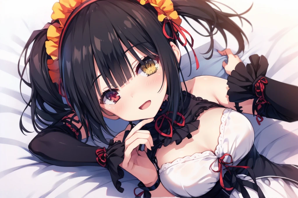 KurumiBase, (clock eyes), heterochromia, twintails, hairband, red dress, frills, detached sleeves, frilled choker,Lying down,bed,Blushing,View your viewers,Open Mouth Smile,Face close up,Simple Background,,best image quality,highest quality