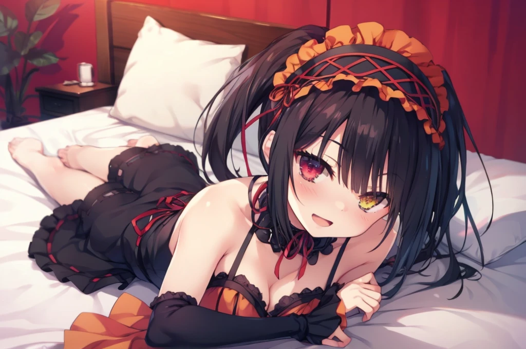KurumiBase, (clock eyes), heterochromia, twintails, hairband, red dress, frills, detached sleeves, frilled choker,Lying down,bed,Blushing,View your viewers,Open Mouth Smile,Face close up,Simple Background,,best image quality,highest quality