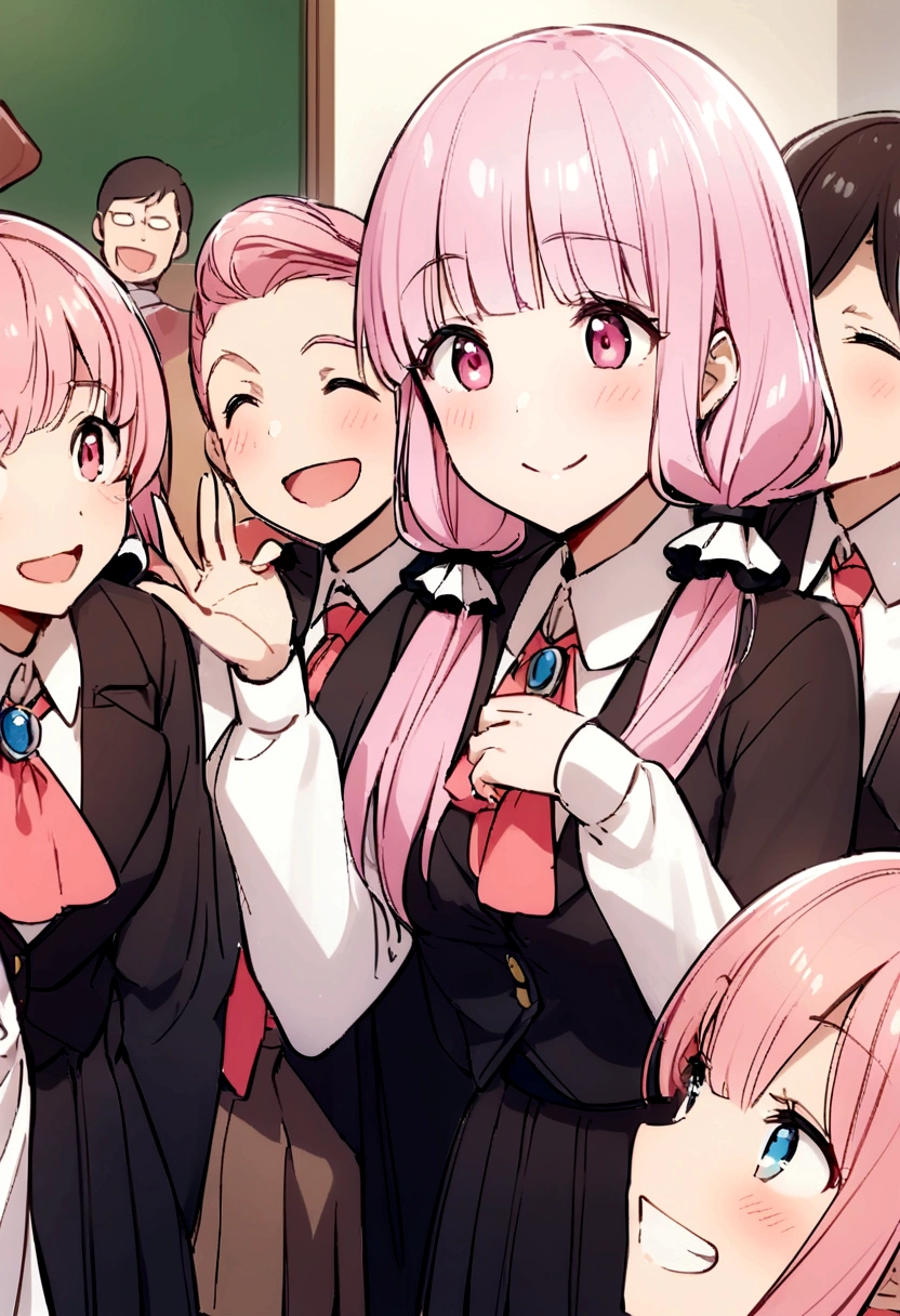 laugh、Chatting、classroom、Surrounded by several classmates、Affable、Easy to talk to、Gentle、Surrounded by friends、smile、Girl with pink hair