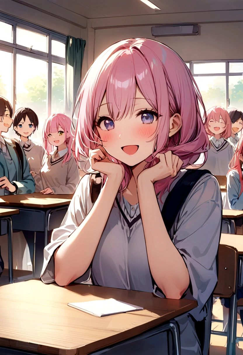 laugh、Chatting、classroom、Surrounded by several classmates、Affable、Easy to talk to、Gentle、Surrounded by friends、smile、Girl with pink hair