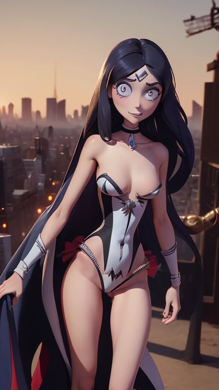 best quality,masterpiece,1girl,solo,(((13years old))),japanese girl,an extremely cute and beautiful girl,highly detailed beautiful face and eyes,petit,cute face,lovely face,baby face,shy smile,show teeth, Black hair,long hair,flat chest,skinny,slender,no bra,no Panties, Hairless vagina,(((wearing a sexy revealing Zatanna costume))),(((standing in Tim Burton Animation style metropolis city))),she is looking at the viewer,