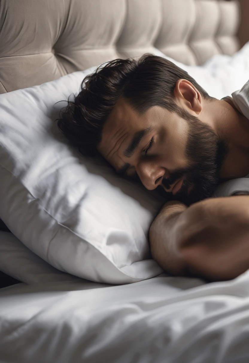 A man laying on bed, head on pillow, realistic side profile photoshoot, 8K, perfect anatomy, hyper realism