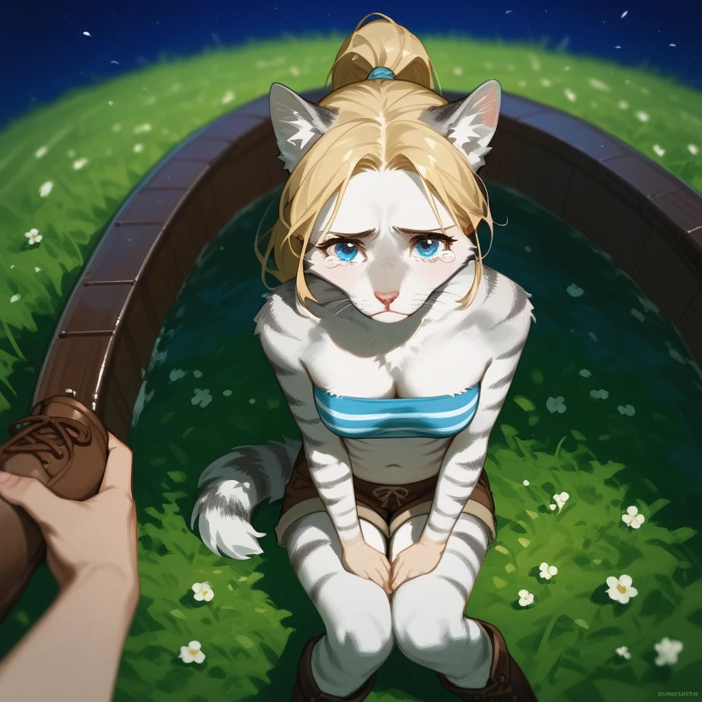 One, check_9,check_8_up,check_7_up, source_fluffy, Catboat, Anthro fluffy feline, Blue eyes, blonde hair, (Hair in a ponytail), pink nose, :3, white sideburns, silver fur with gray stripes, fluffy body, wear a blue bandeau, brown short shorts, Brown boots, on her knees, we are sitting, sobbing, sad expression, tearing up, on a grassy field, outdoors at night, POV, human viewer, Above, bird's-eye, POV viewer is holding her hand, hold the hand, gives a girl a rubber penis, girl looks at renovated dick, transparent dildo, excellent quality, high details, close-up, 4K, no panties, Naked girl, fucked by guy in room, Girl gets fucked, fuck Dick, fucks in pussy, juicy ass, arches his back, anal, Hole, сочный anal, close-up траханья, first person,