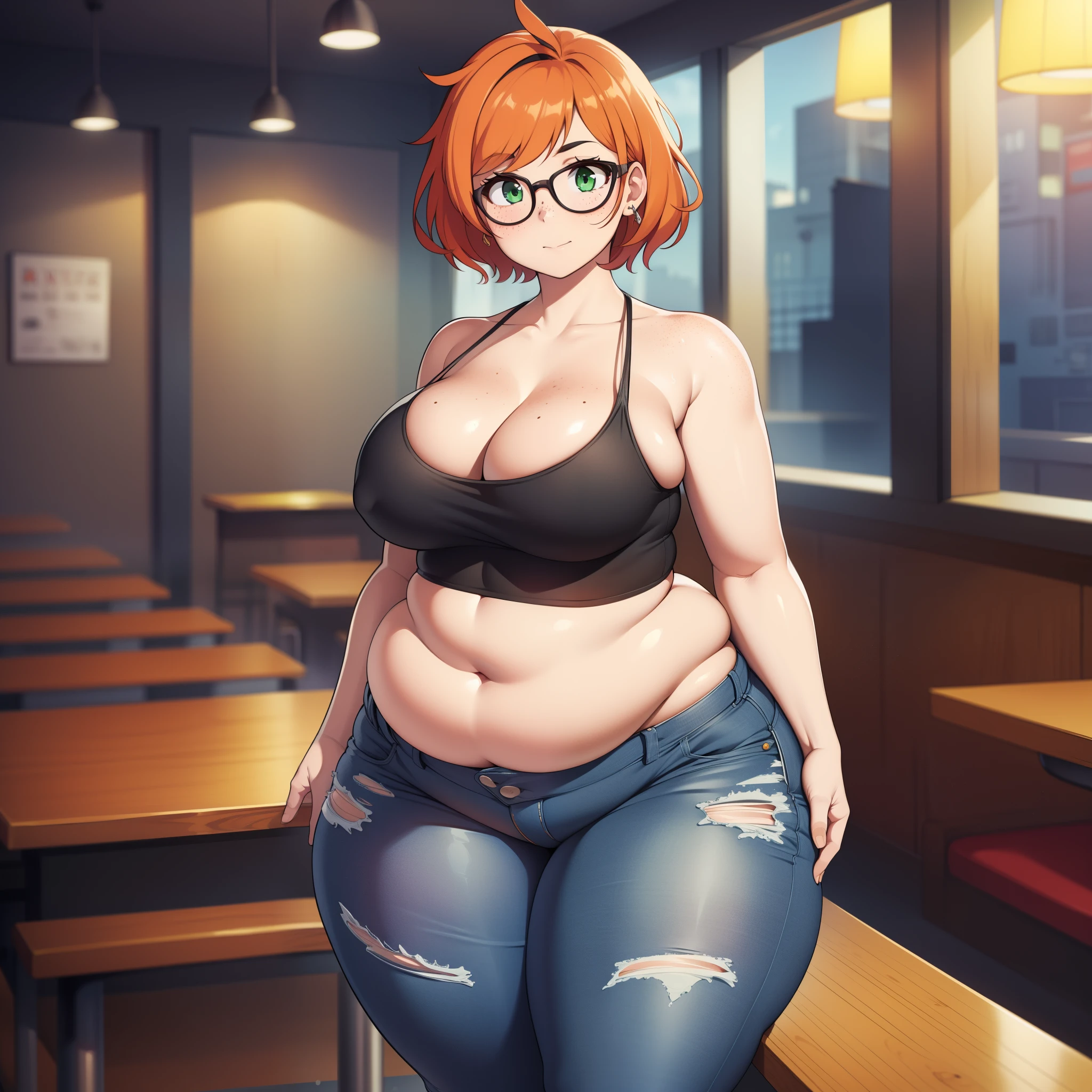 ((highres)), Masterpiece, high quality, best quality, beautiful, perfect lighting, detailed face, ultra cute face, full body, (cowboy shot), ((1girl)), ((solo)), skindentation, orange short hair, green eyes, glassess, freckles, jeans, tank top, thighs clothes, full body, standing in a fast food restaurant, table full of food, intricate background, medium breasts, perky breasts, cleavage, ((wide hips)), (((thick thighs))), ((plump)), pudgy belly, fat folds, belly hang,