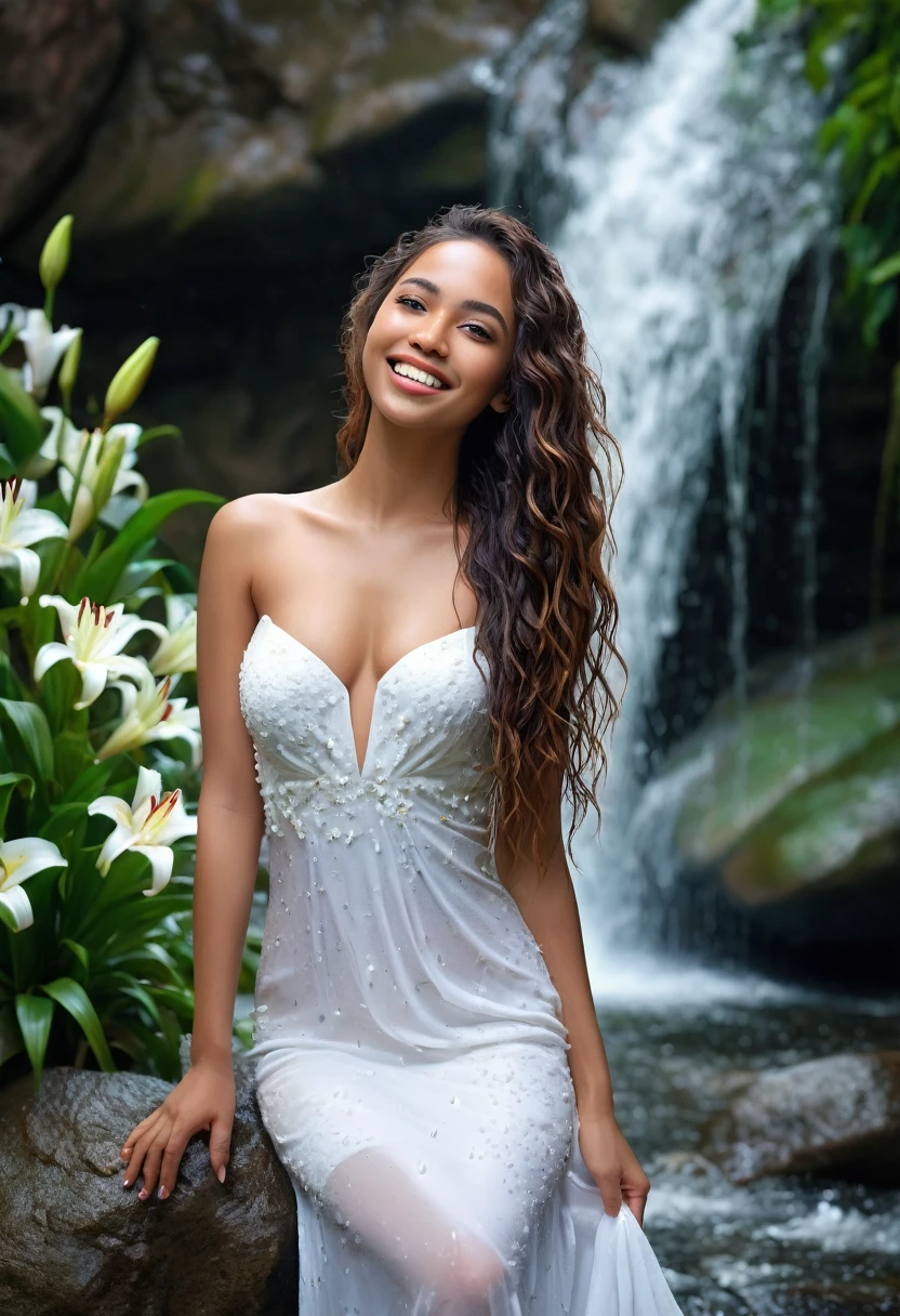 8k, full body, beautiful mixed girl with wet long slightly wavy hair, Lily flowers in the mouth, extremely detailed body and lips, smile, sweet chest, beautiful , sexy Long white dress , Under a waterfall, Hold your hair, Backache, lots of plants, Rocks, Nature, (best quality,4k,8k,highres,masterpiece:1.2), ultra-detailed,(realistic,photorealistic,photo-realistic:1.37),portrait,landscape,vivid colors,bokeh