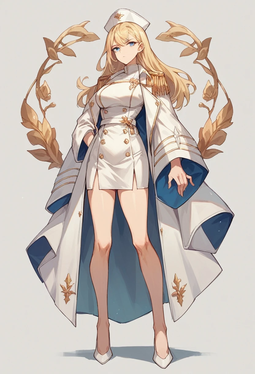 commander anime girl, white commander clothes, very short white skirt, white commander hat, 18 years old, blonde hair, blue eyes, full body, silver AK-47 in hand, 8K image quality