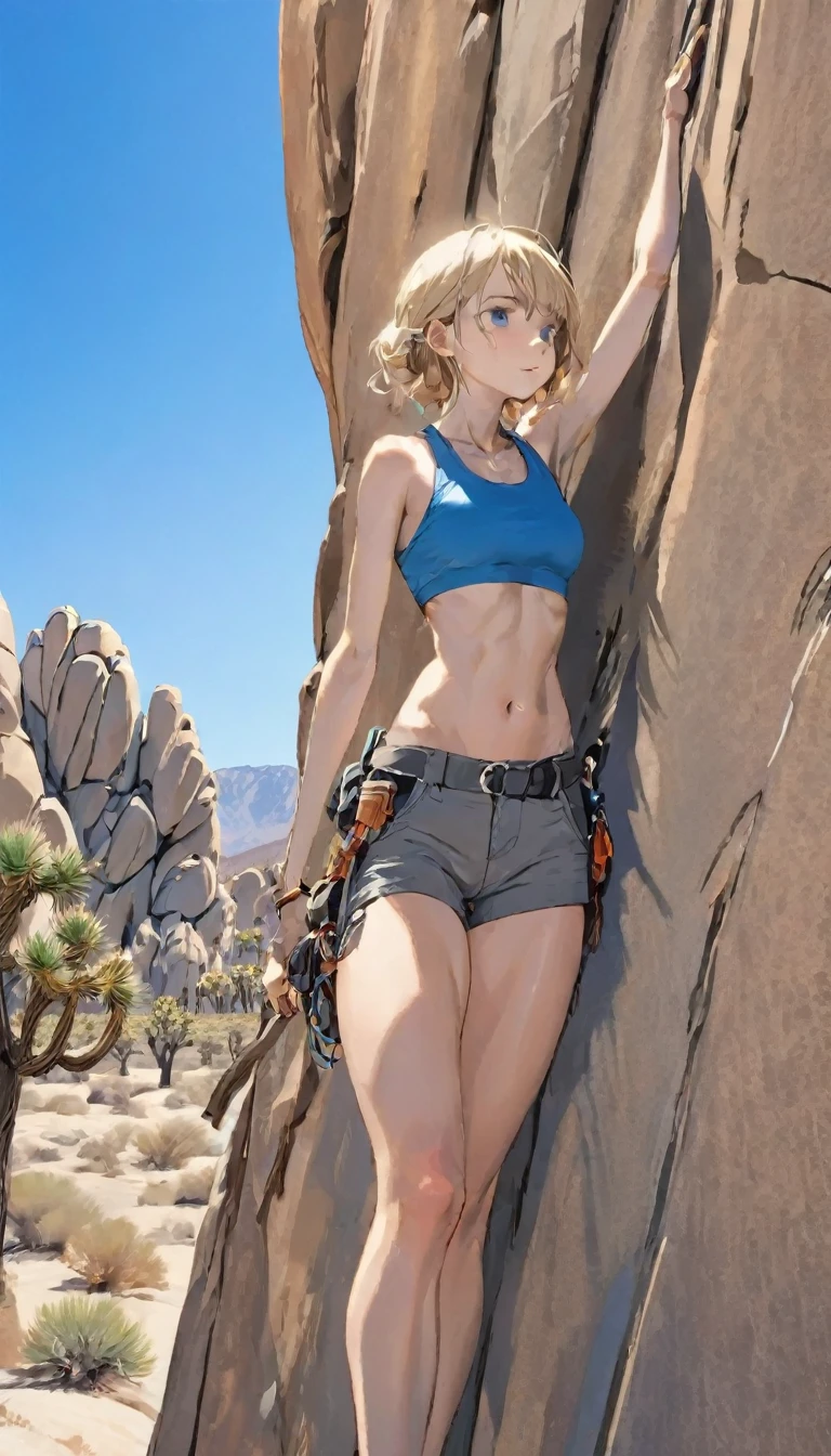 (masterpiece:1.3, Highest quality:1.2), Perfect Anatomy、physical、One Woman, athlete, rock climbing, Muscular body、sense of urgency、Tank top、5-minute length pants、Bold angles、High altitude、Joshua Tree National Park, California, USA、Blue sky、Beautiful views、