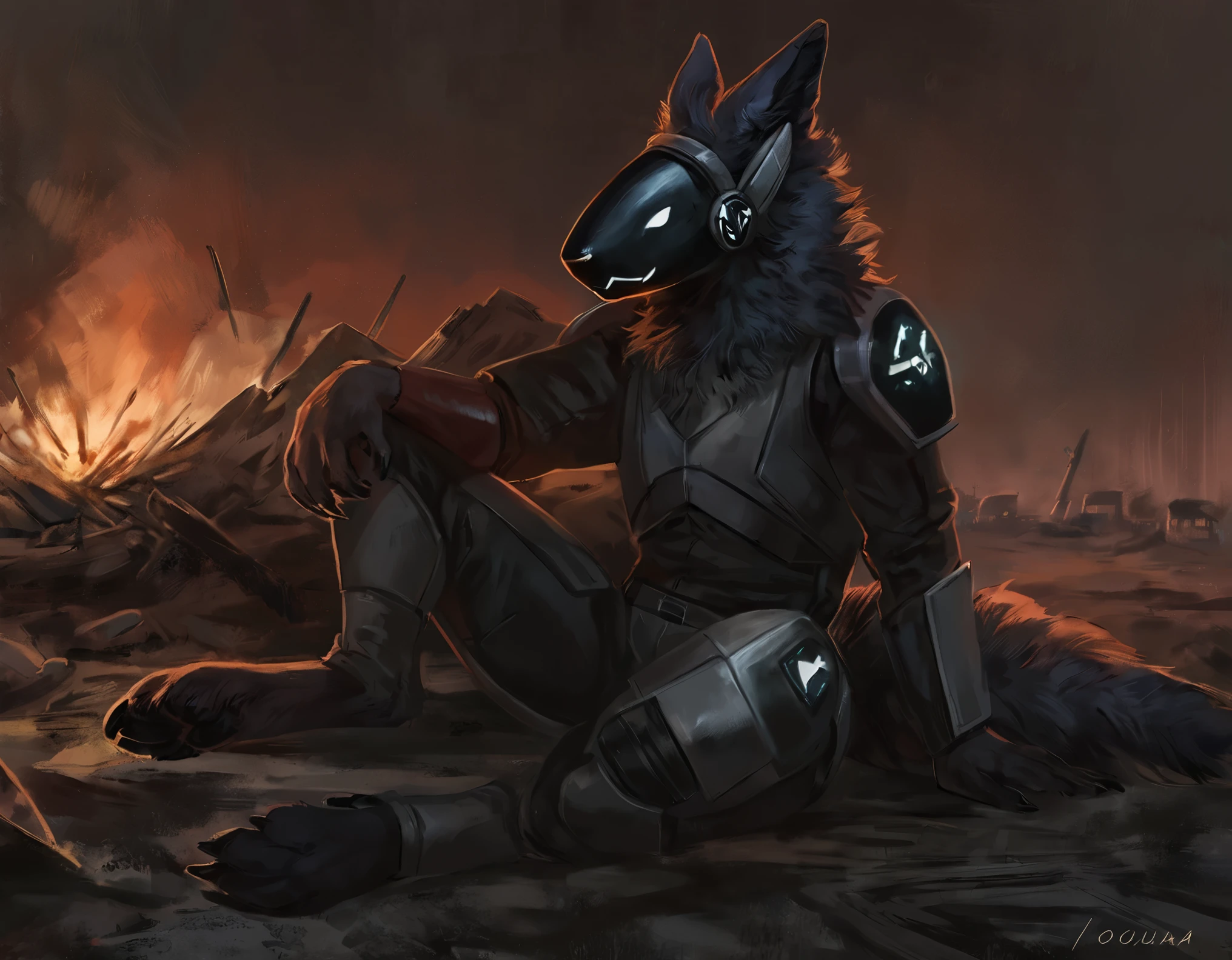 male, (pitch black protogen viso with red protogen face on it), (white protogen fur), protogen fighter, military destroyer unit, protogen, comic book style, illustration, solo, masterpiece, best art, full body, digitigrade, by oouna, by taran fiddler, wearing black fighter spacesuit , detailed hands, tall, detailed torso, dark and griddy, apocalyptic, sitting by a campfire, detailed paws, looking at viewer startled, head turned toward viewer, confused expression, silent hill kind of feeling, detailed protogen face expression,