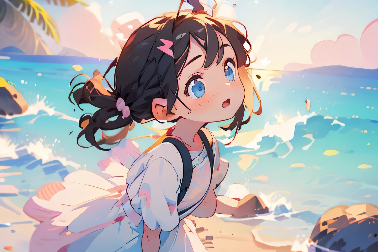 (masterpiece), (best quality), ultra high res, sharp focus, warm pastel tone, ((1 girl, solo)), upper body, side profile shot beautiful detailed hair, ((black hair)), (pink ribowns on the hair), beautiful detailed face, ((beautiful shape eyes, blue eyes)), perfect feminine face, head up, looks up, surprise face, open lips, (winter outfit, (pink dress), (marnie pokemon), (ponytails), (assymmetrical bangs), (beach), (summer), (summer dress), (blue sea)