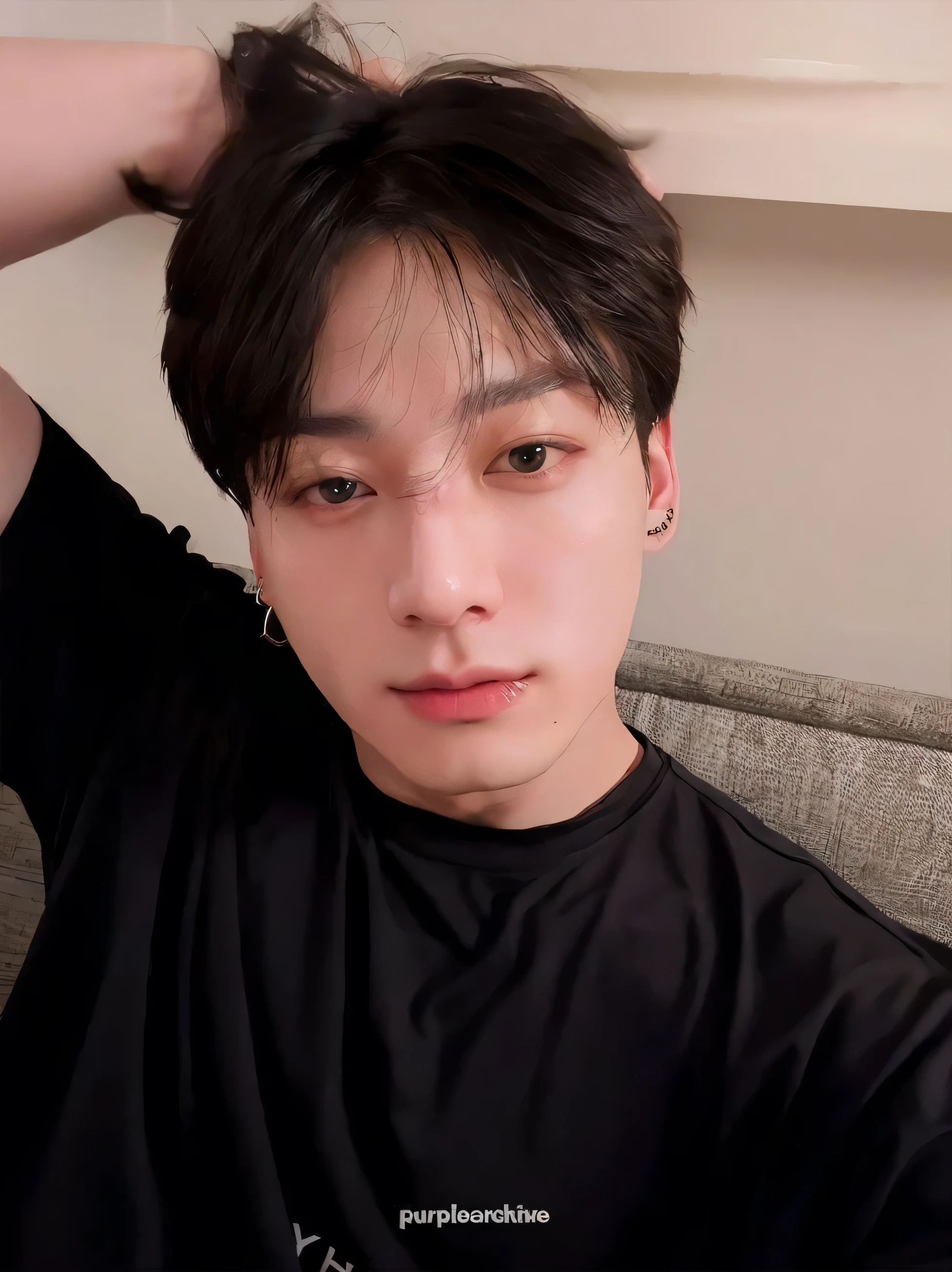 there is a man in a black shirt sitting on a sofa, jeon jungkook, adorable and pale korean face, Jeon jeongguk, glossy from rain, eyes large, pale, best qualityer, 4K, asian bonito, jungkook, beautiful face, 4k hd, ultra HD, nase, ear piercing, ultra realism, asia, jungkook, jungkook jeon, jeon jungkook asian bonito