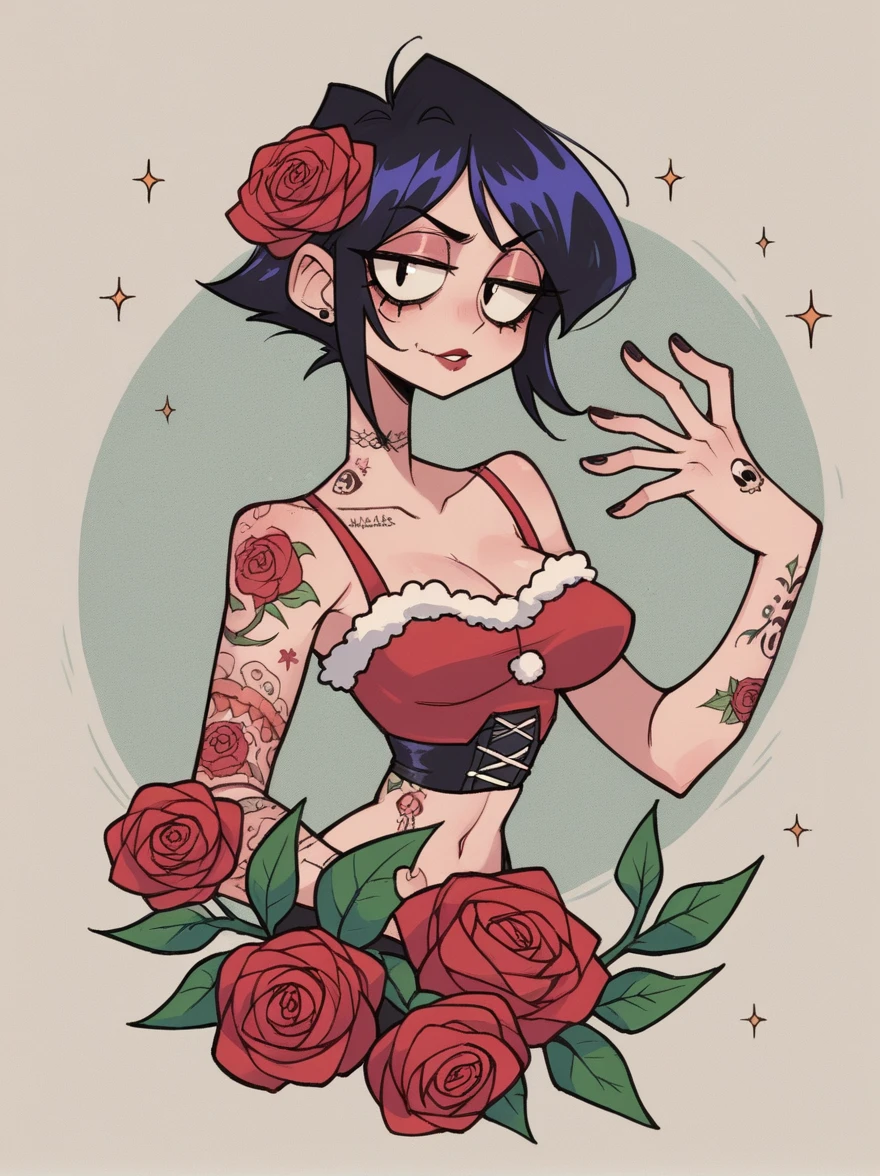 score_9, score_8_up, score_7_up, score_6_up, source_anime, zPDXL, Perfect Hands, perfecteyes, BREskul A, solo, adult ,sexy ,none Muerte,roses ,fleur maquillage skull,tattoo ,tétons,roses noir